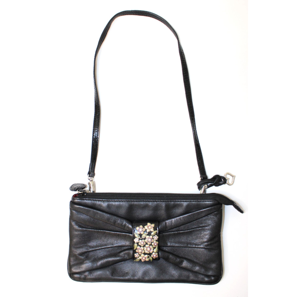 BRIGHTON Clutch Mini Purse Bag Wristlet Black Leather Floral Adorned BOW - Picture 2 of 8